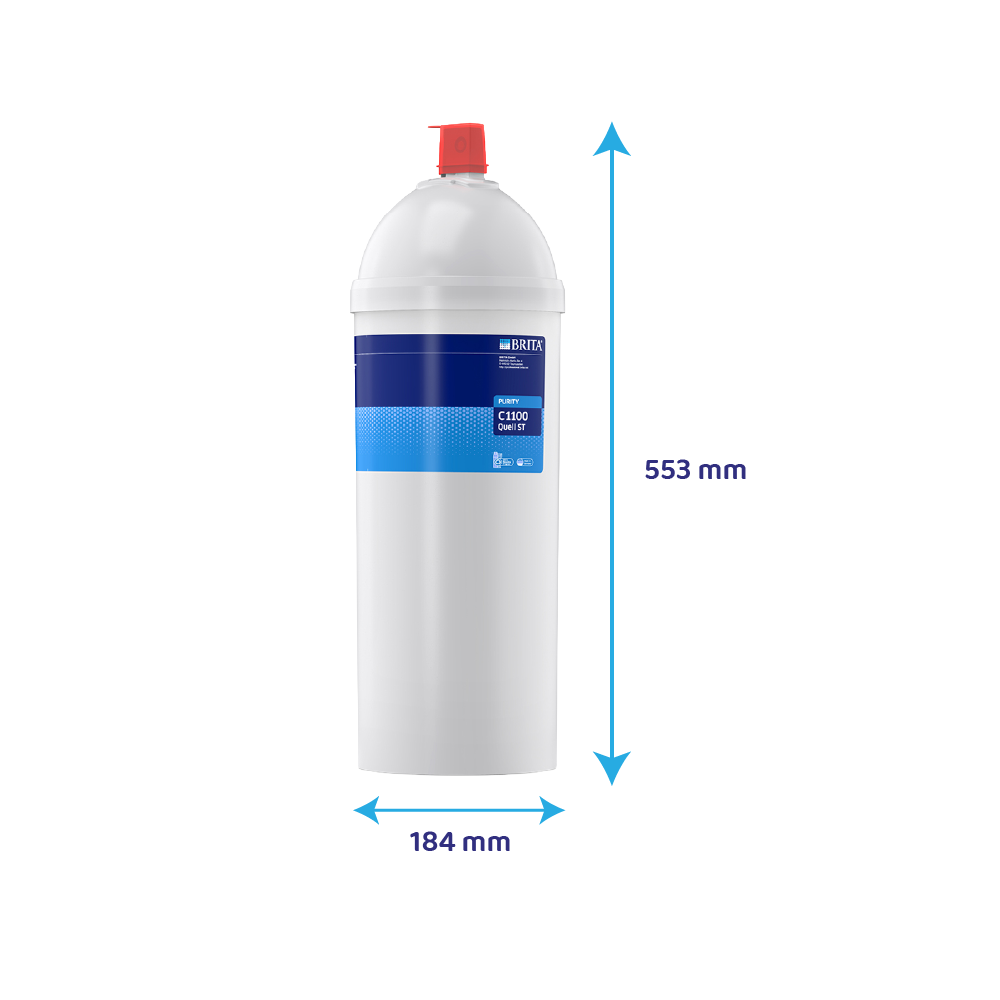 Brita C1100 Filter. Höhe 553 mm, Breite 184 mm. Weiß mit blauem Streifen.