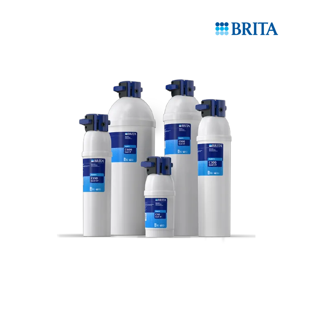 Fünf weiße Brita-Wasserfilterkartuschen in verschiedenen Größen mit blauen Oberteilen.