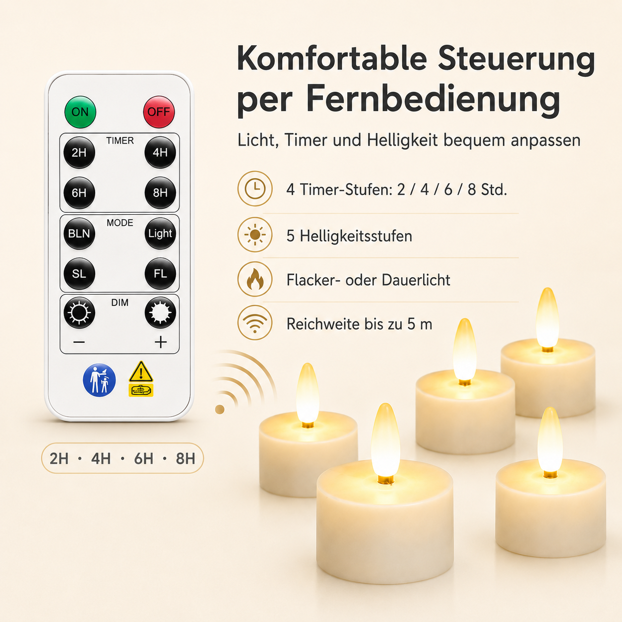 Fernbedienung mit Kerzen: Timer, Licht, Helligkeit, Reichweite bis 5m.