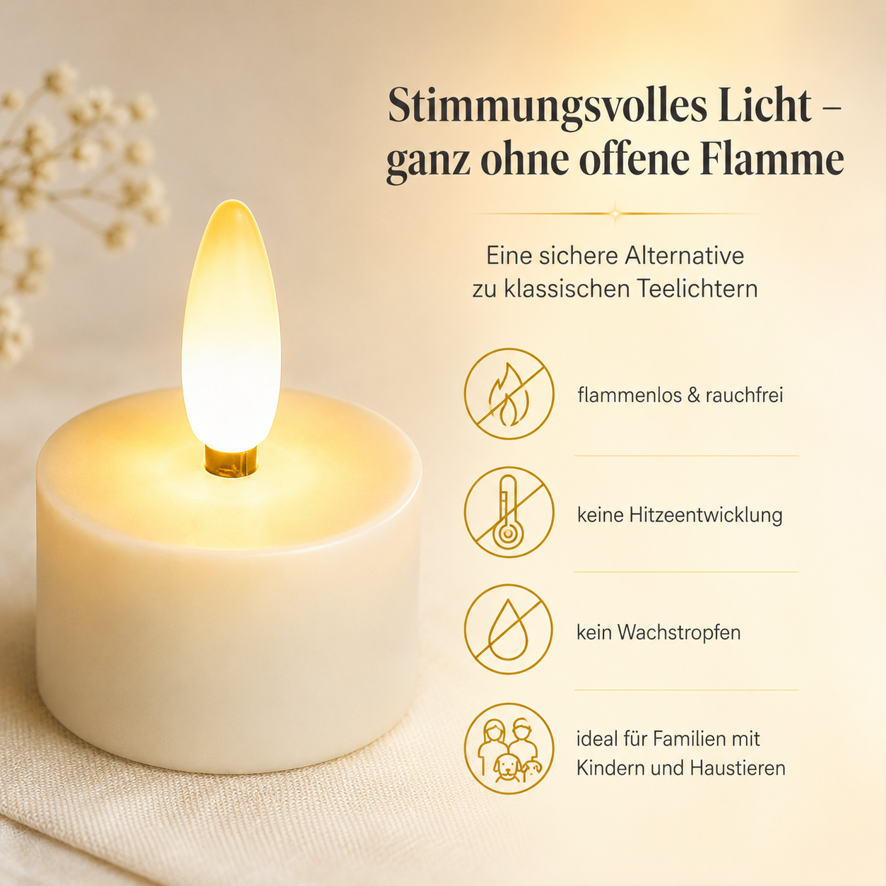Eine weiße LED-Kerze mit flackernder Flamme, daneben Icons für Sicherheit.