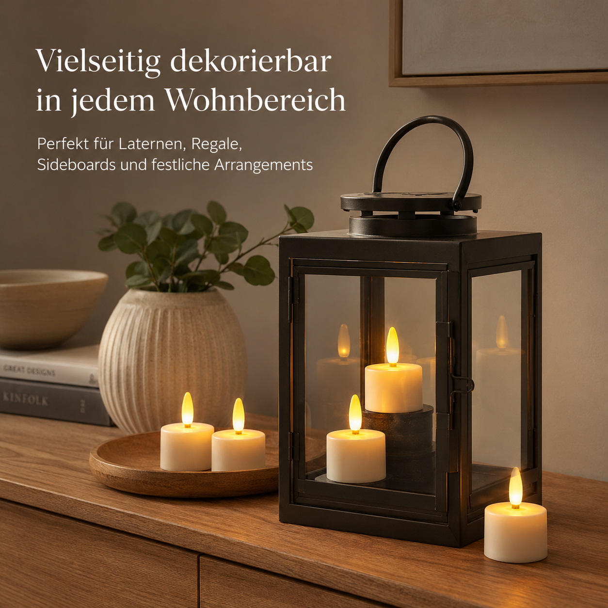 Schwarze Laterne mit LED-Kerzen auf einem Holzschrank, daneben eine Vase mit Pflanze.