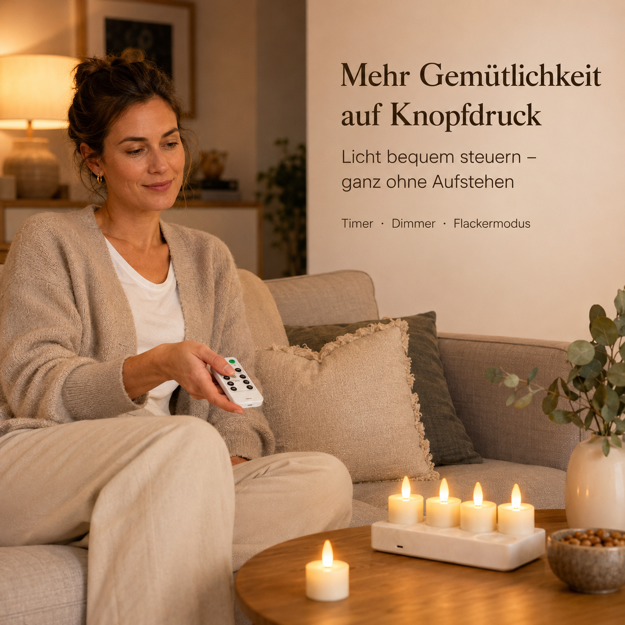 Frau hält Fernbedienung, LED-Kerzen auf Tisch, gemütliche Atmosphäre.