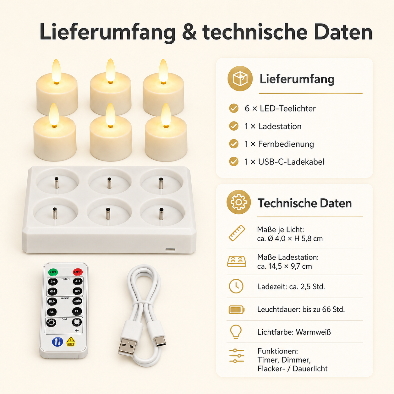 Lieferumfang: 6 LED-Teelichter, Ladestation, Fernbedienung, USB-C-Kabel.