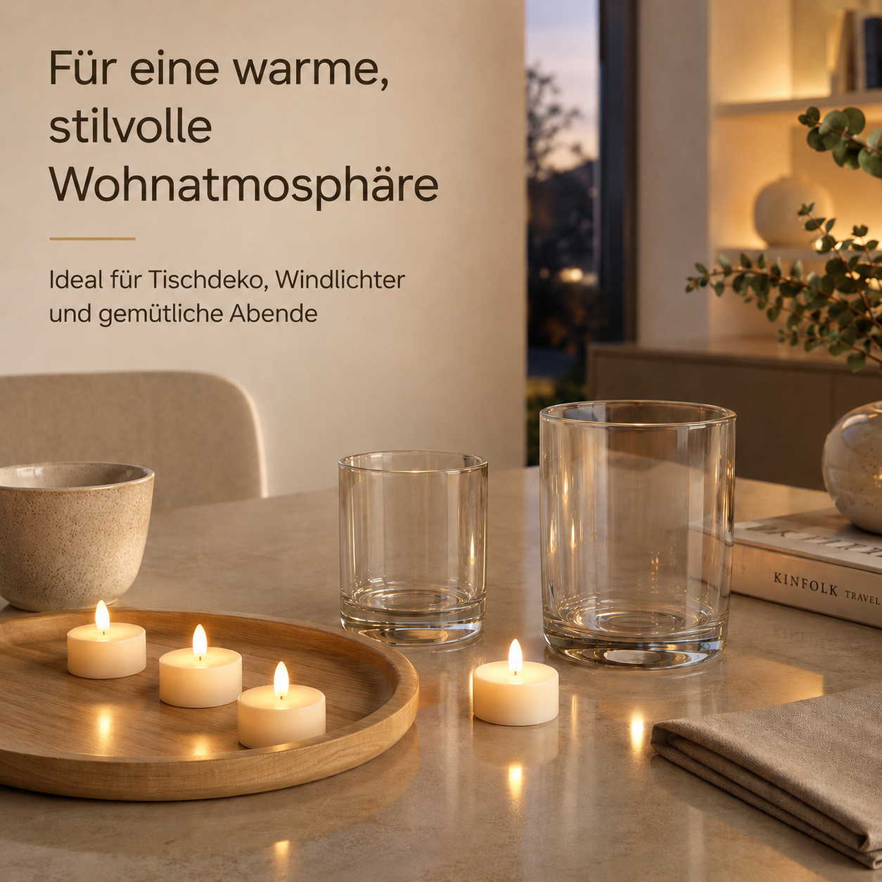 Kerzen und Gläser auf einem Tisch für eine warme Atmosphäre.
