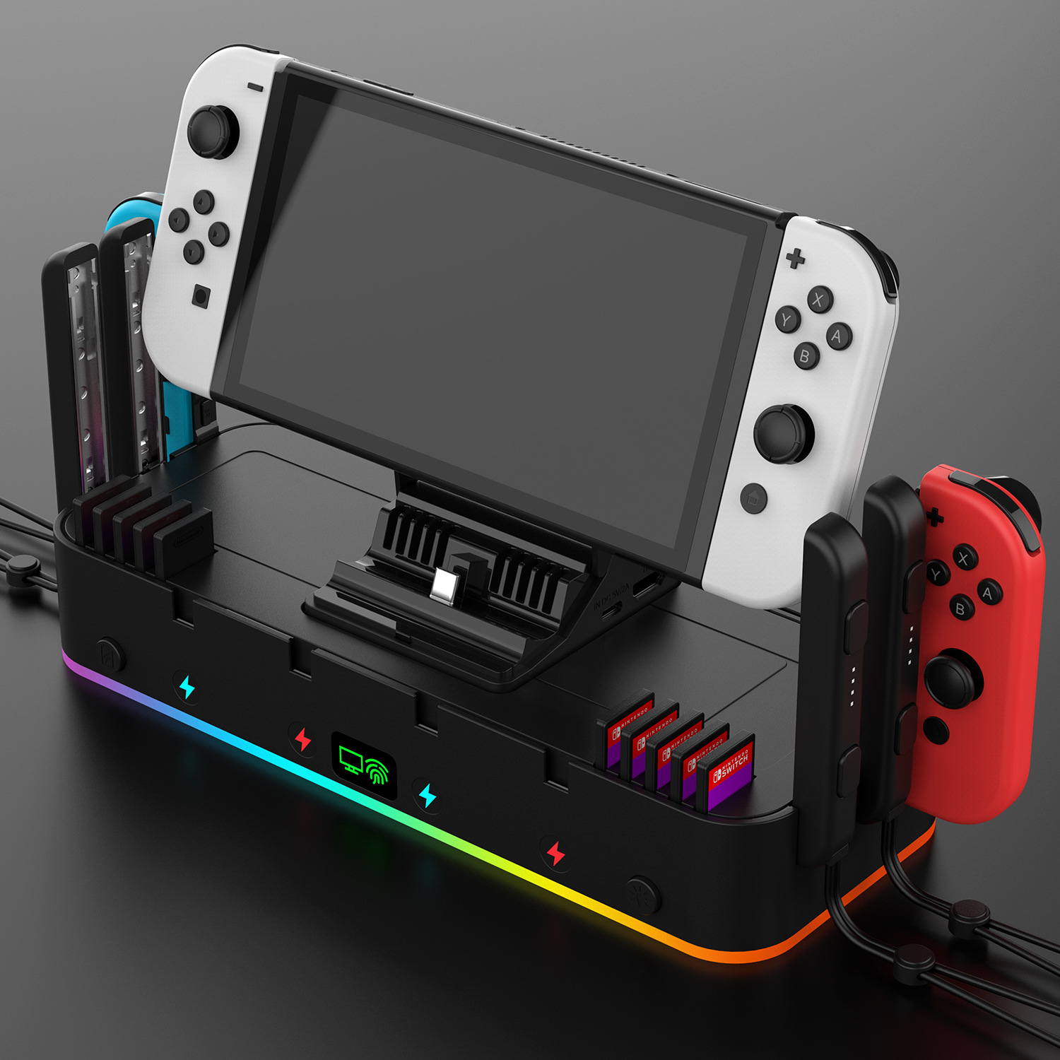 Schwarzer Ladeständer mit Nintendo Switch, roten und blauen Controllern.