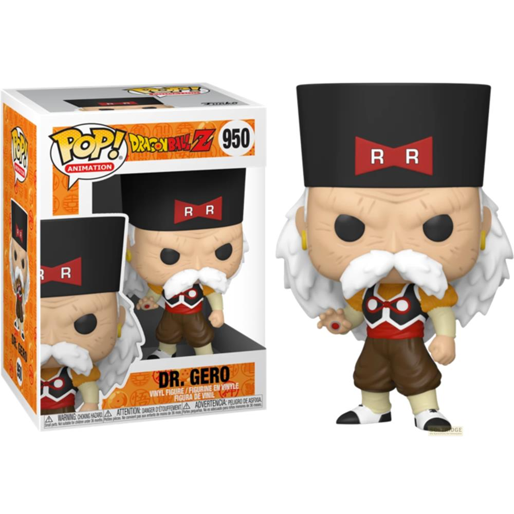 Action figure Funko Pop Dr. Gero in scatola. Figura con capelli bianchi, baffi, logo RR rosso.