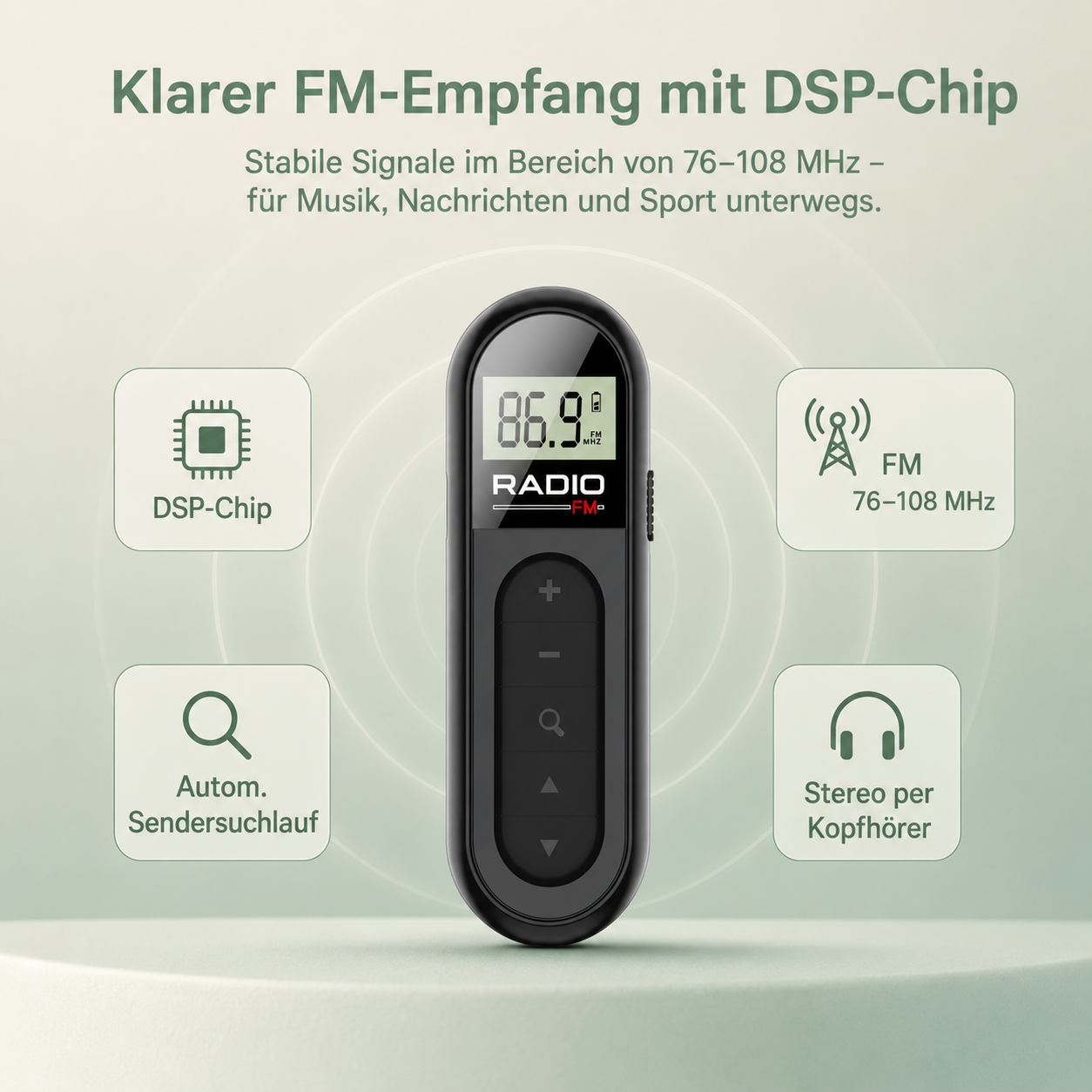 Schwarzer tragbarer FM-Radio mit Display, DSP-Chip und Kopfhöreranschluss.