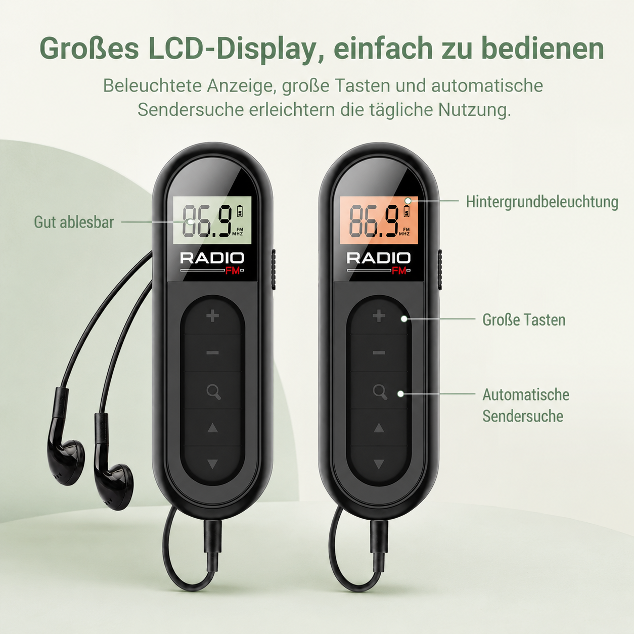 Zwei schwarze Radios mit LCD-Bildschirmen, Kopfhörern und Tasten.