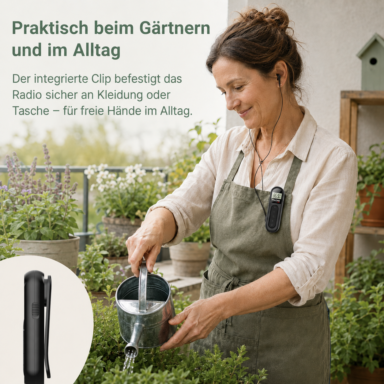 Frau gießt Pflanzen mit kleinem Radio am Latz. Praktisch im Alltag.