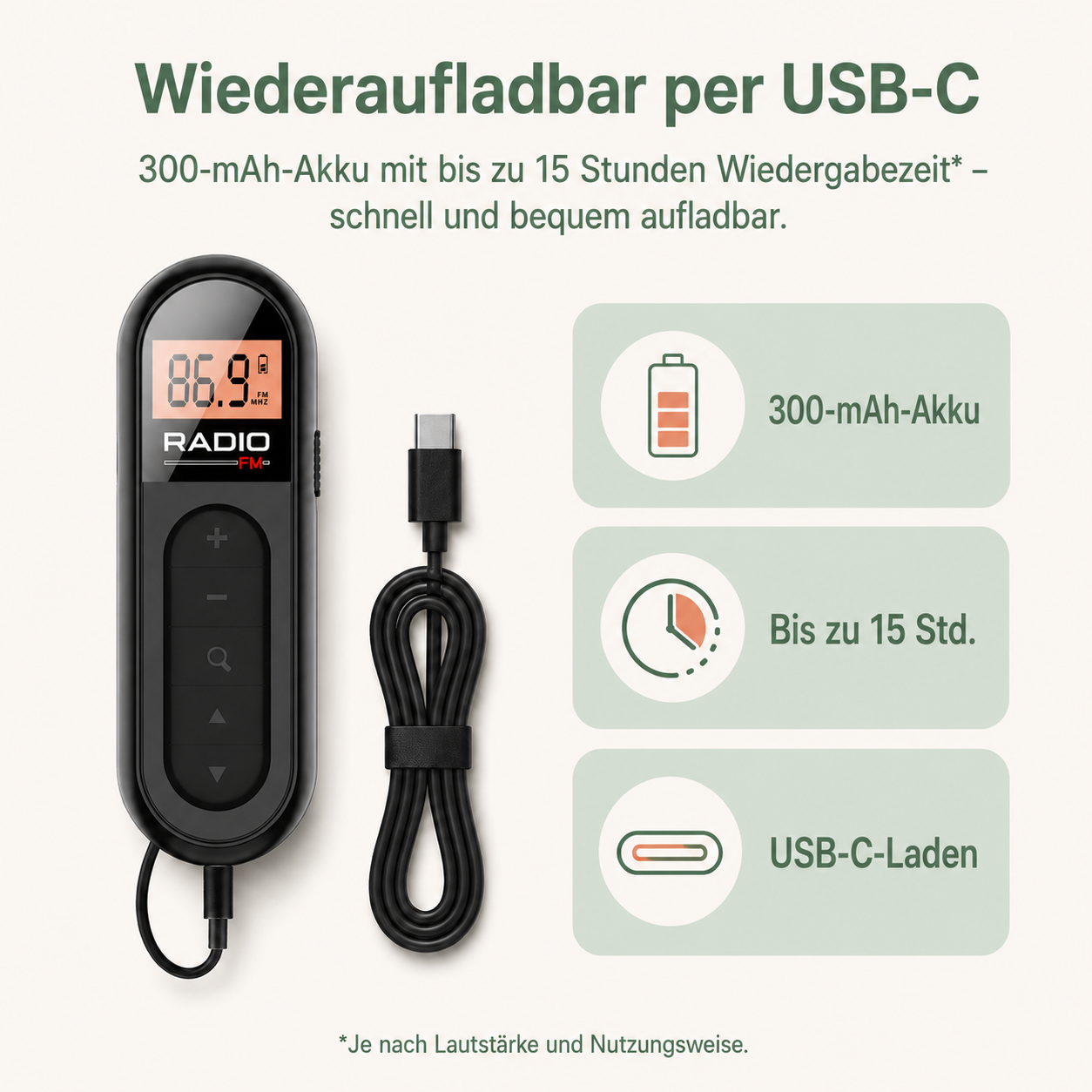 Schwarzes Radio mit USB-C Kabel, 300mAh Akku und 15h Wiedergabezeit.
