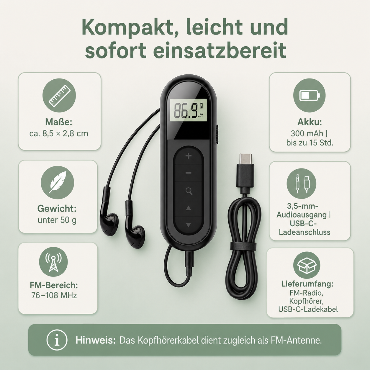 Ein schwarzes FM-Radio mit Kopfhörern, USB-C-Kabel und Spezifikationen.