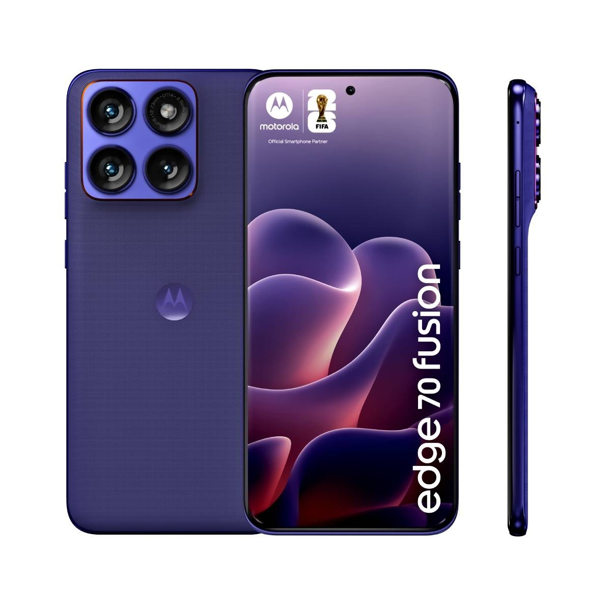 Drei Ansichten eines lila Motorola Edge 70 Fusion Smartphones auf weißem Hintergrund.