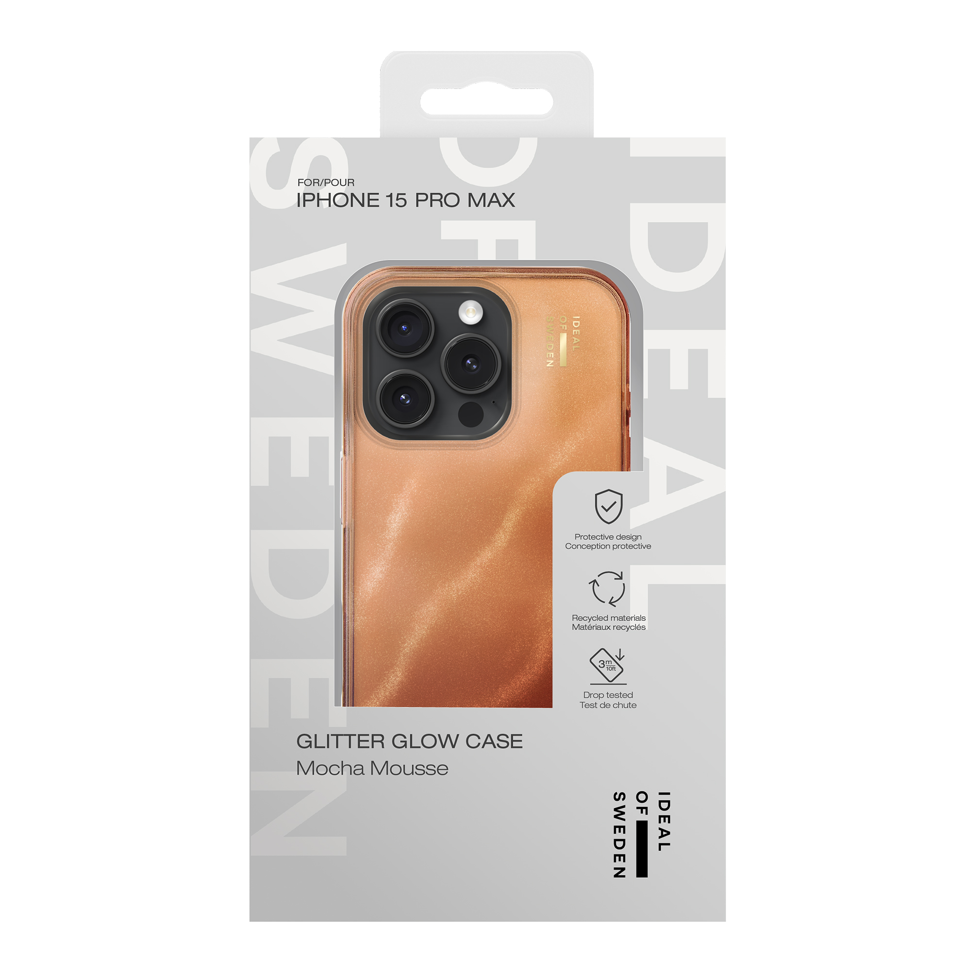 Verpackung für eine iPhone 15 Pro Max Hülle in Mokka-Mousse mit Glitzer.