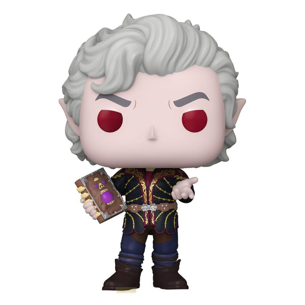 Una figura Funko Pop! con pelo plateado, ojos rojos, sosteniendo un libro.