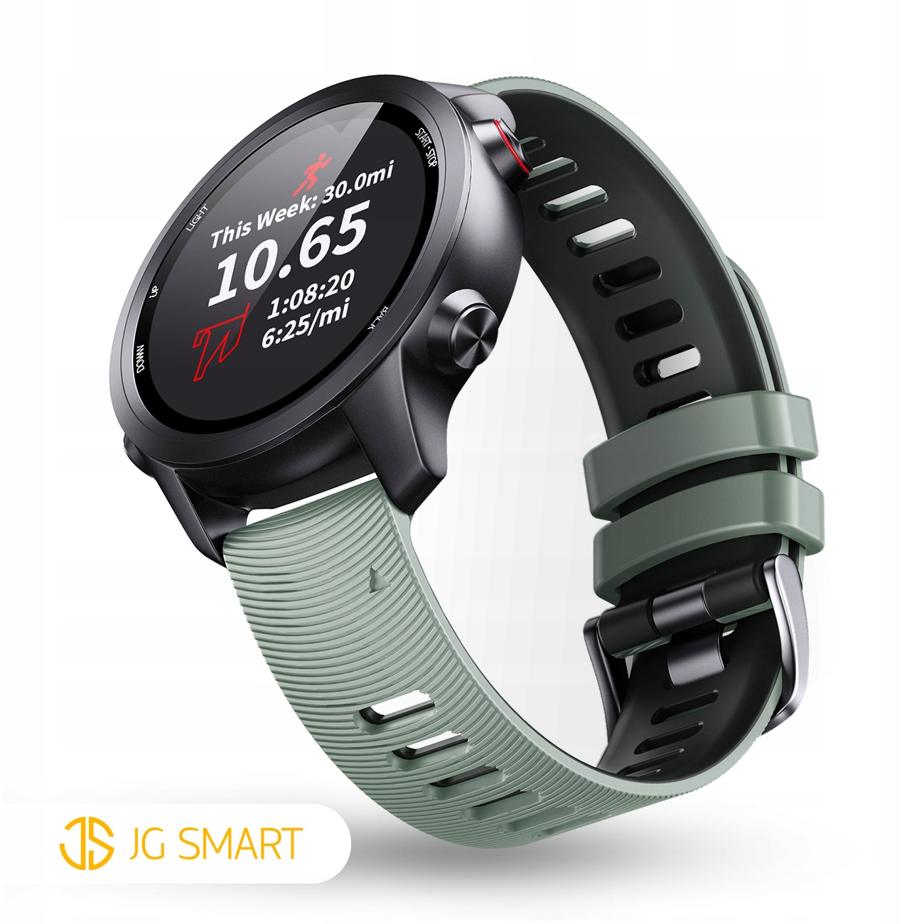 Czarny smartwatch z zielonym paskiem wyświetla dane fitness.