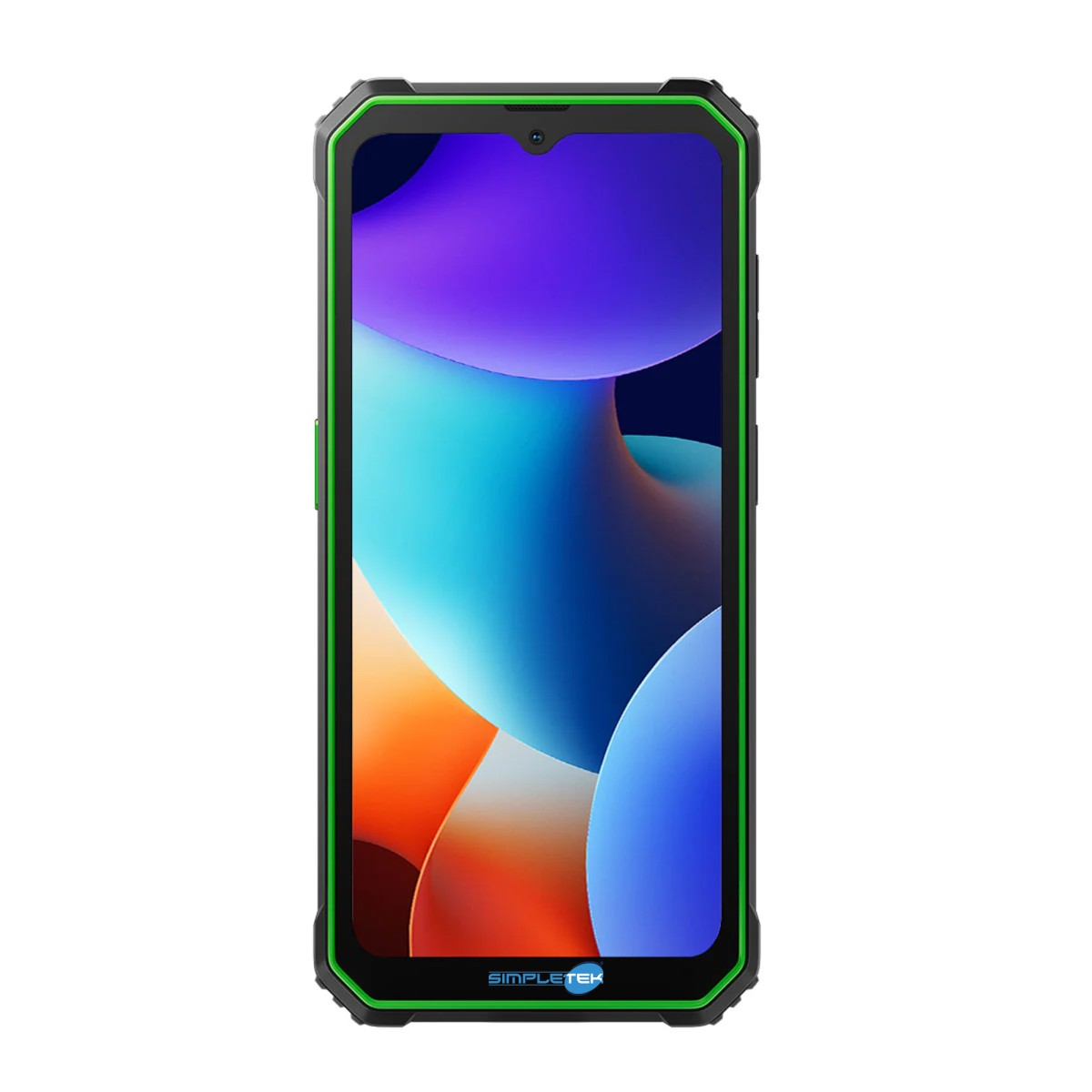 Robustes Smartphone mit grünem Rahmen und farbigem Hintergrundbild.