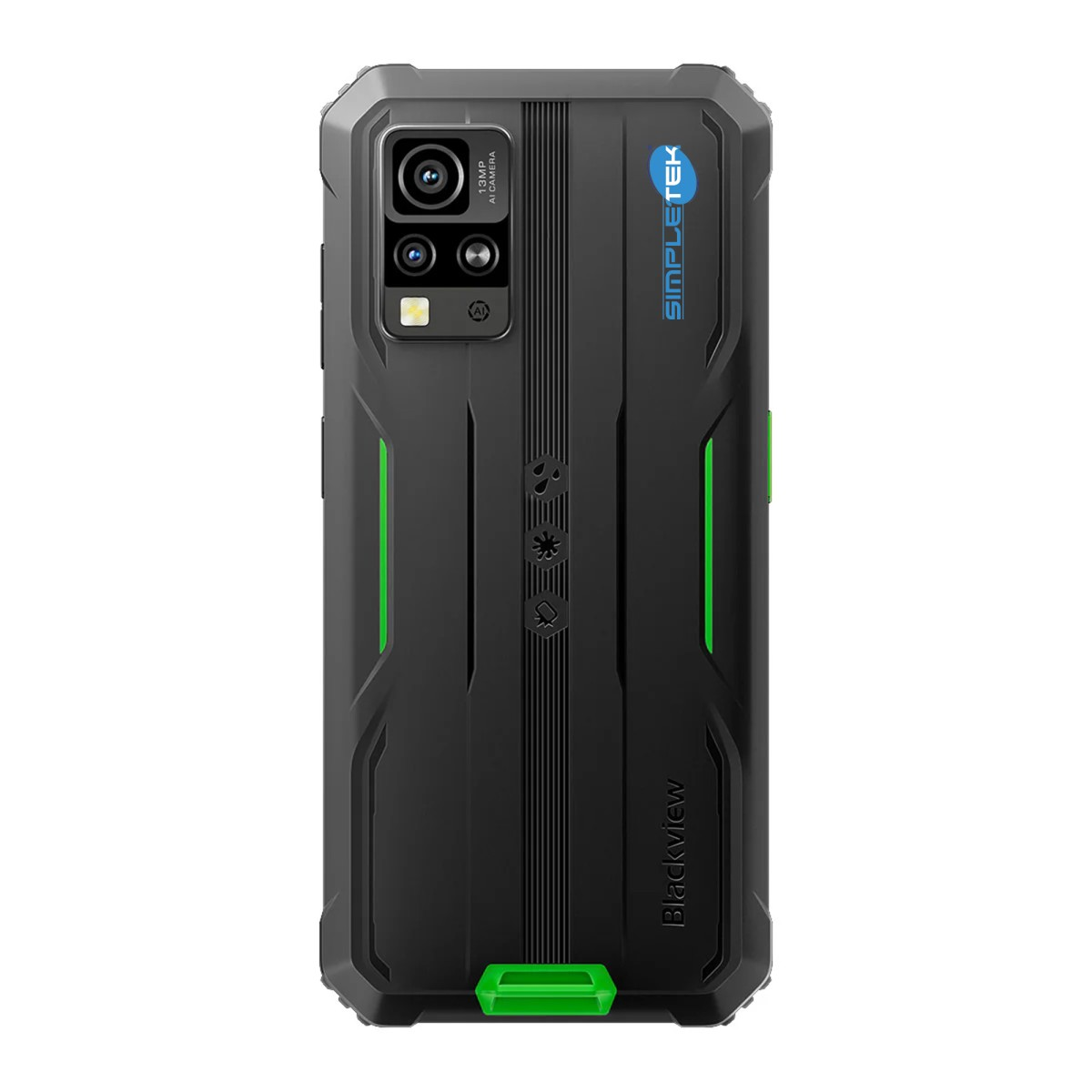 Schwarzes Smartphone mit 13MP Kamera, grünen Akzenten und SIMPLETEK-Logo.