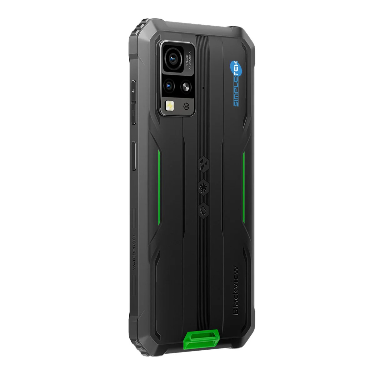 Robustes schwarzes Smartphone mit grünen Akzenten, Dreifachkamera und 'SIMPLETEK'-Logo.