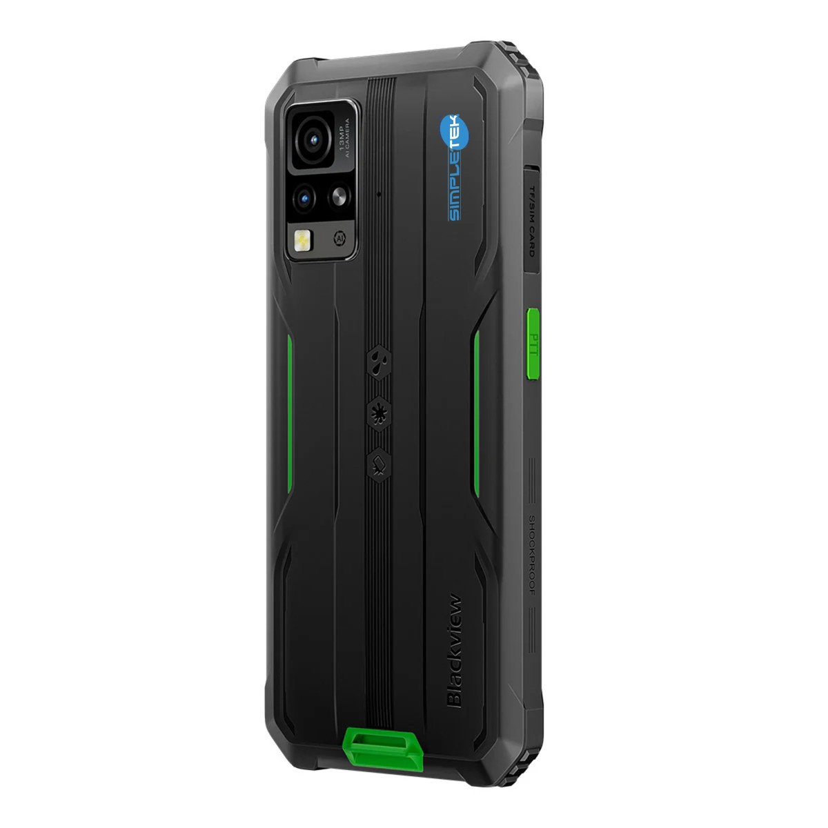Schwarzes Outdoor-Smartphone mit grünen Akzenten, 13MP-Kamera und 'SIMPLE TEK'-Logo.