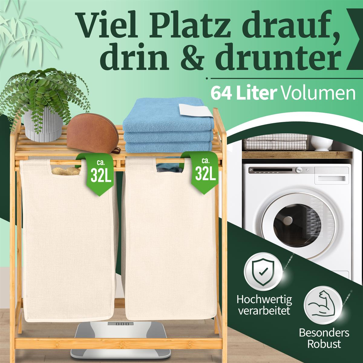 Holzregal mit zwei Wäschekörben, Handtüchern, Tasche, Pflanze und Waschmaschine.