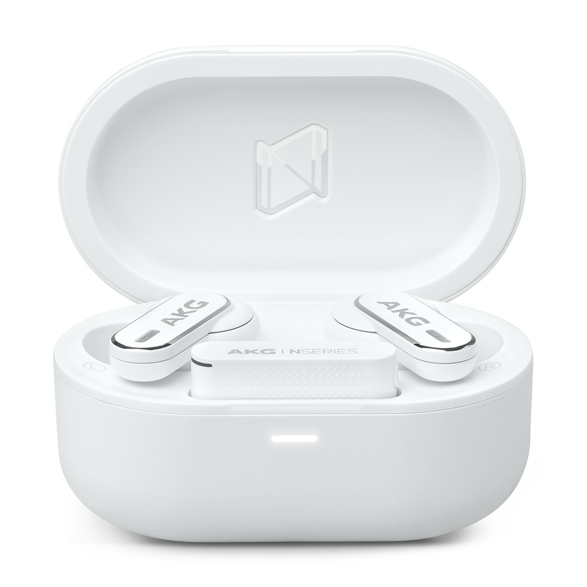 Écouteurs AKG blancs et étui de chargement ouvert avec icône de volume.
