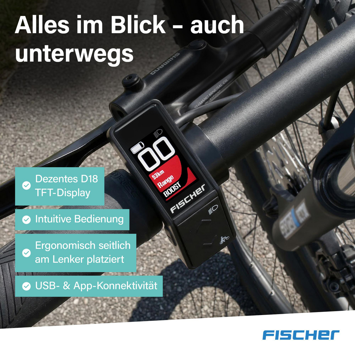 Fahrradlenker mit Display: Zeigt Reichweite, Modus und Akku. Mit Textboxen.
