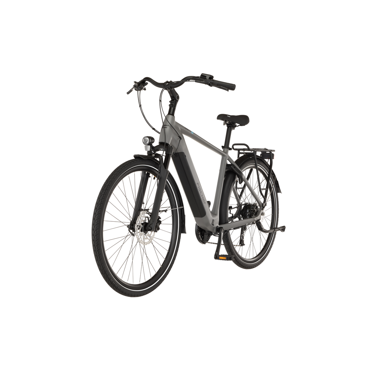 Graues Herrenfahrrad mit Gepäckträger, Licht und Akku.