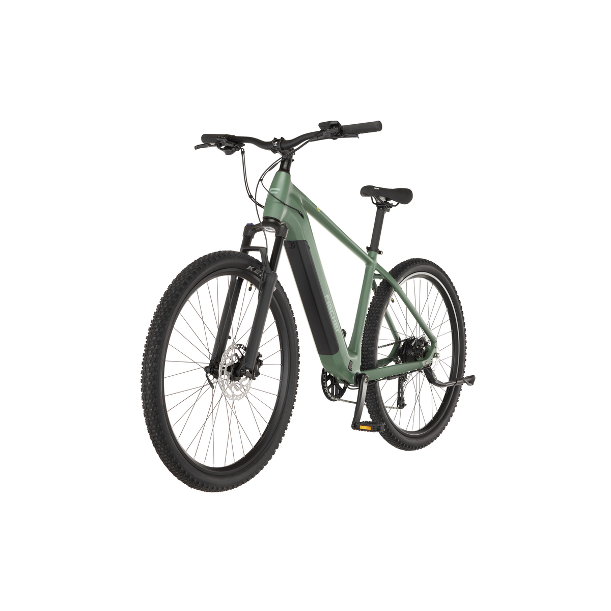 Ein grünes E-Mountainbike mit Federgabel, Scheibenbremsen und breiten Reifen.