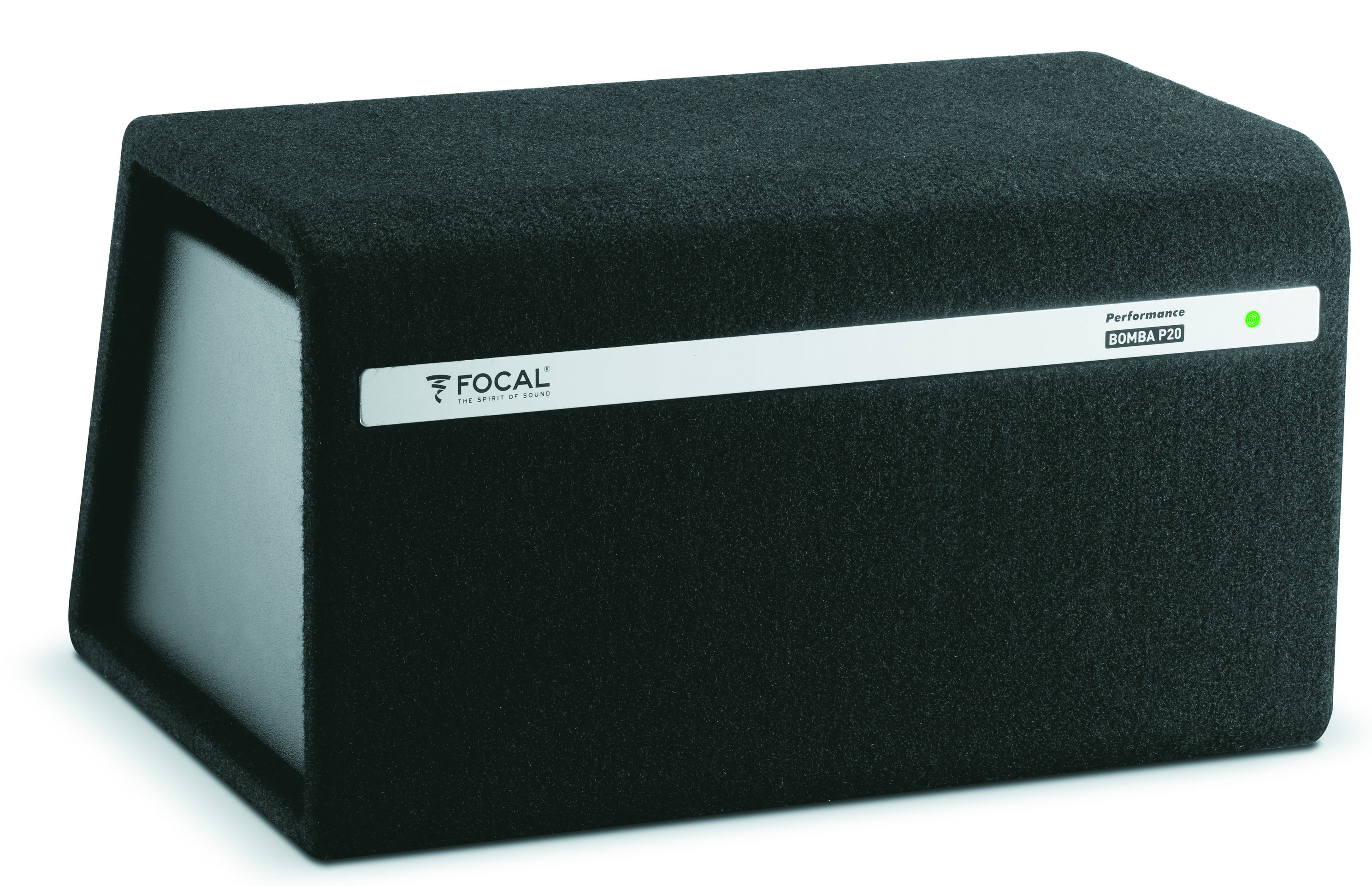 Schwarzer Subwoofer mit silbernem Streifen und Focal-Logo.
