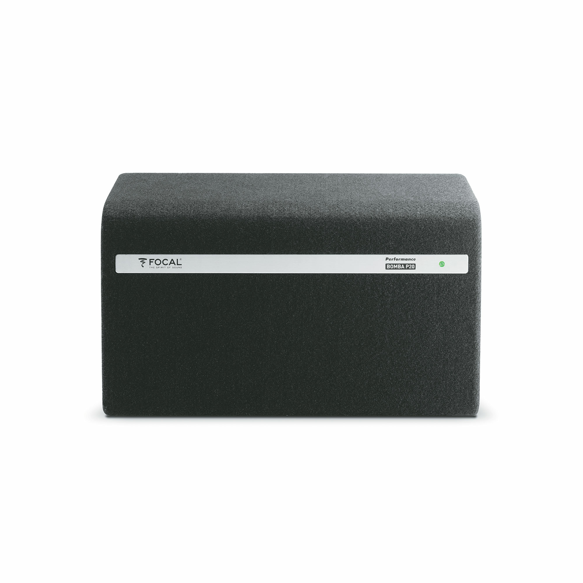 Ein schwarzer Subwoofer mit silbernem Streifen und Focal-Logo.