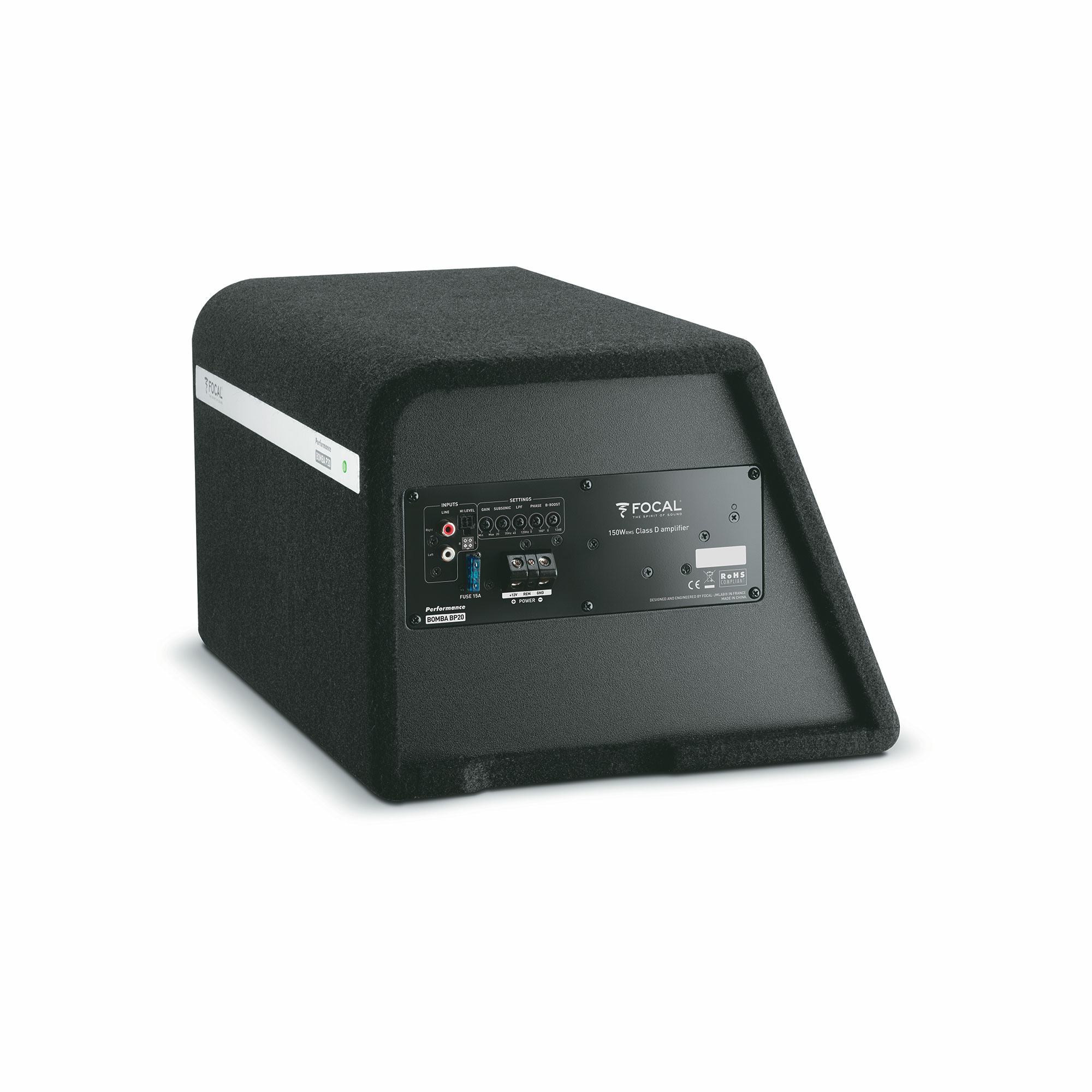 Ein schwarzer Subwoofer mit der Rückseite nach oben, mit Anschlüssen.