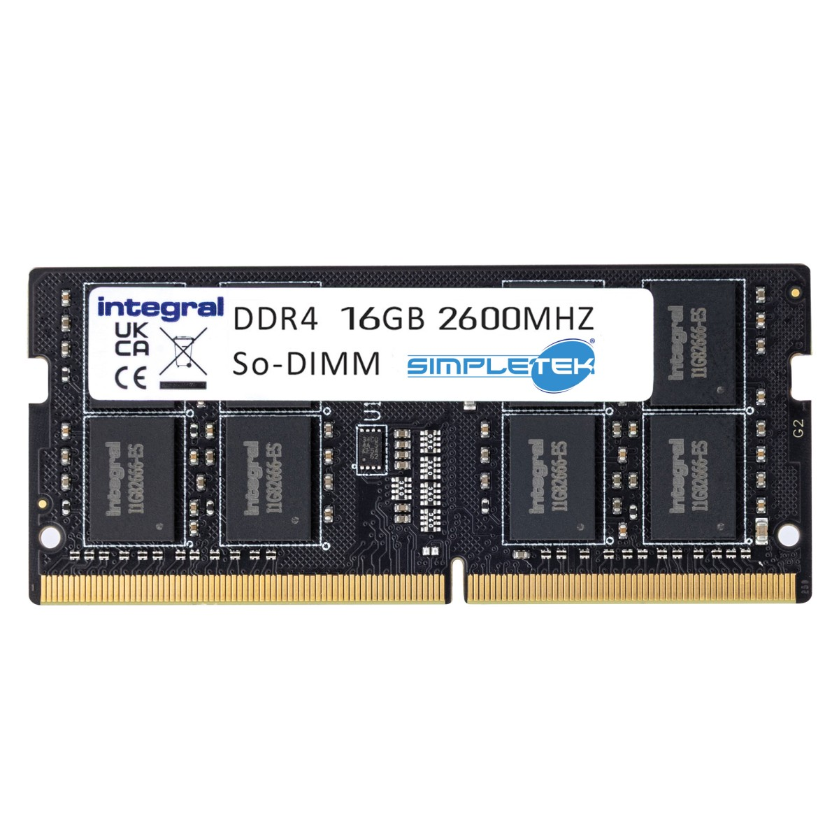 Modulo RAM Integral DDR4 16GB 2600MHz So-DIMM con pin dorati.