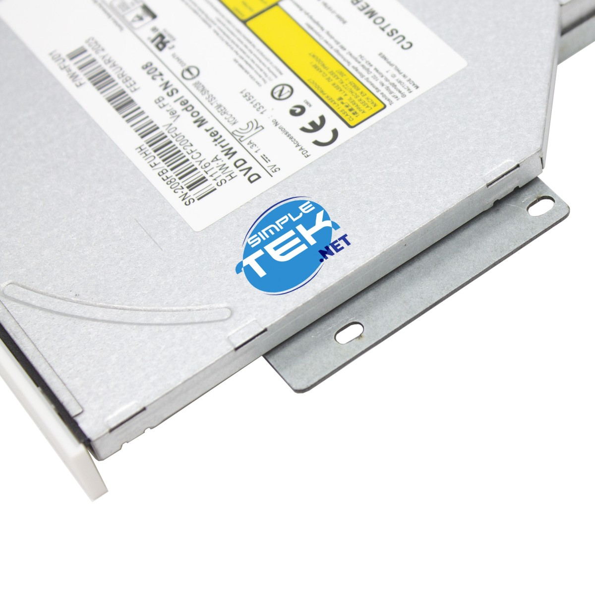 Unità DVD argentata con adesivo 'SimpleTek.net'. Dettagli SN-208.