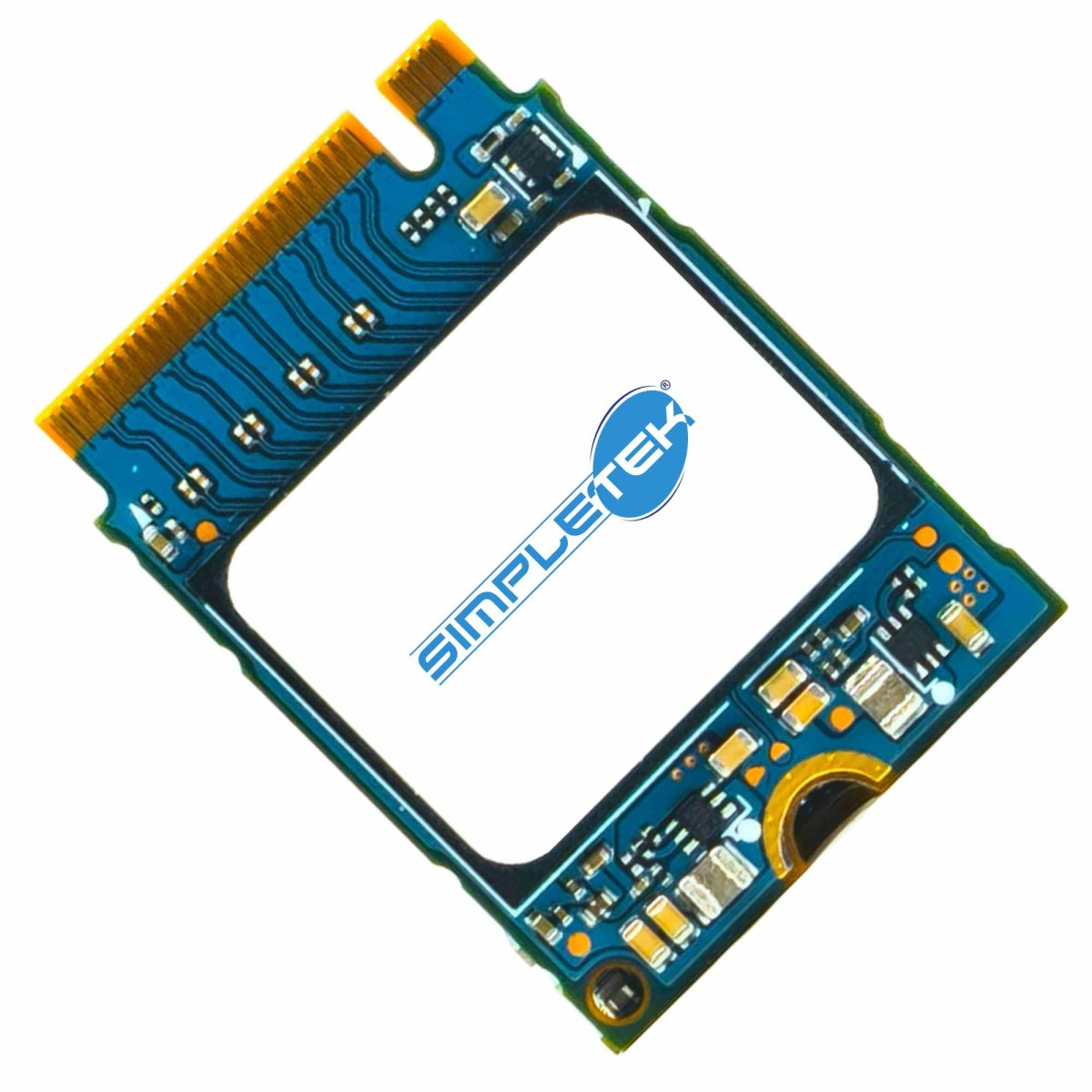 Una scheda di circuito blu con connettori dorati e logo SIMPLETEK.