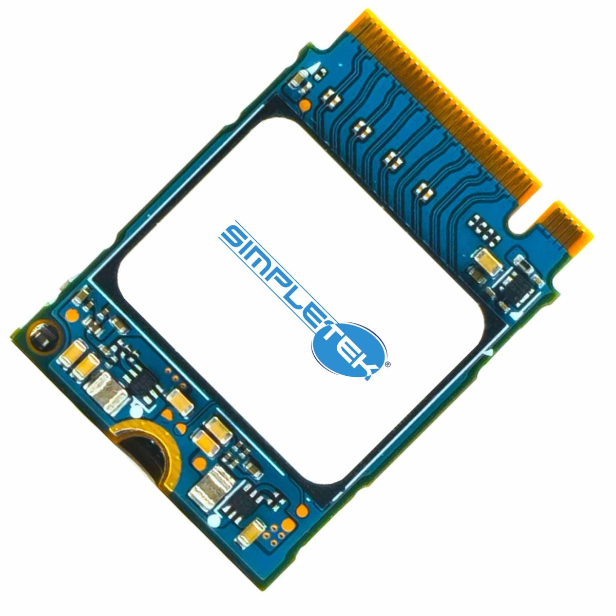 Una scheda di circuito blu con connettori dorati e componenti elettronici.