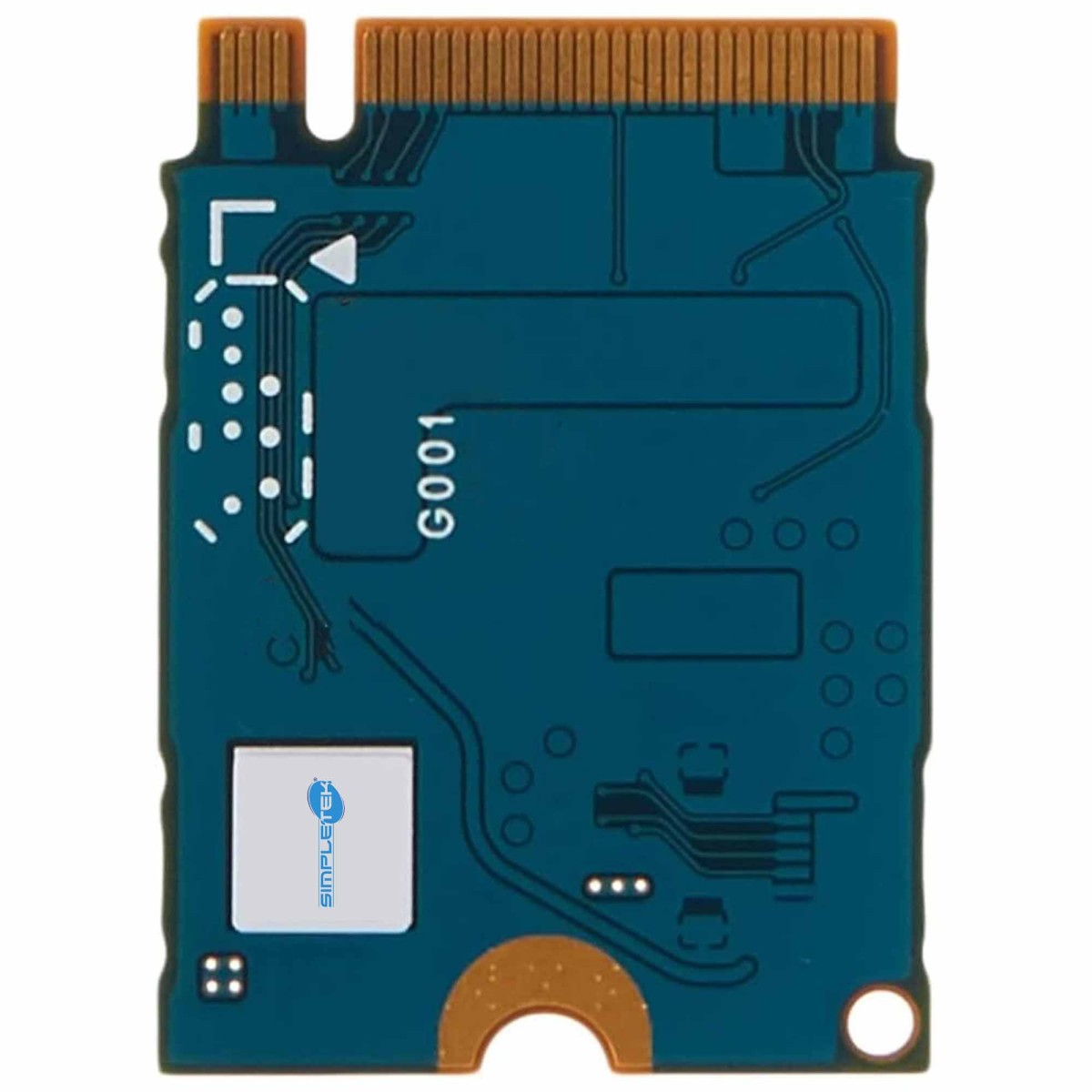 Una scheda blu con connettori dorati e un chip bianco con logo.