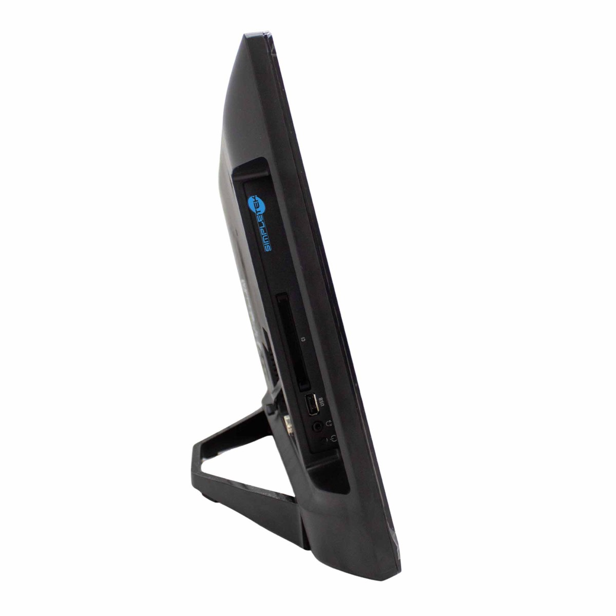 Vista laterale di un monitor di computer nero con porte e logo.