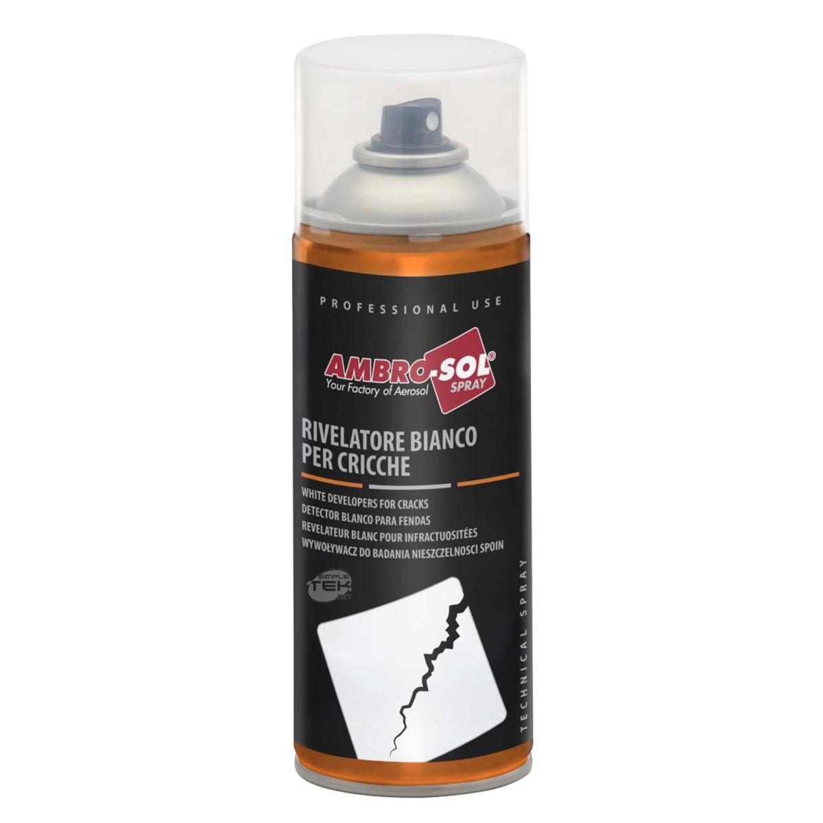 Una bomboletta spray Ambro-Sol bianco per cricche, con etichette e immagine di una crepa.