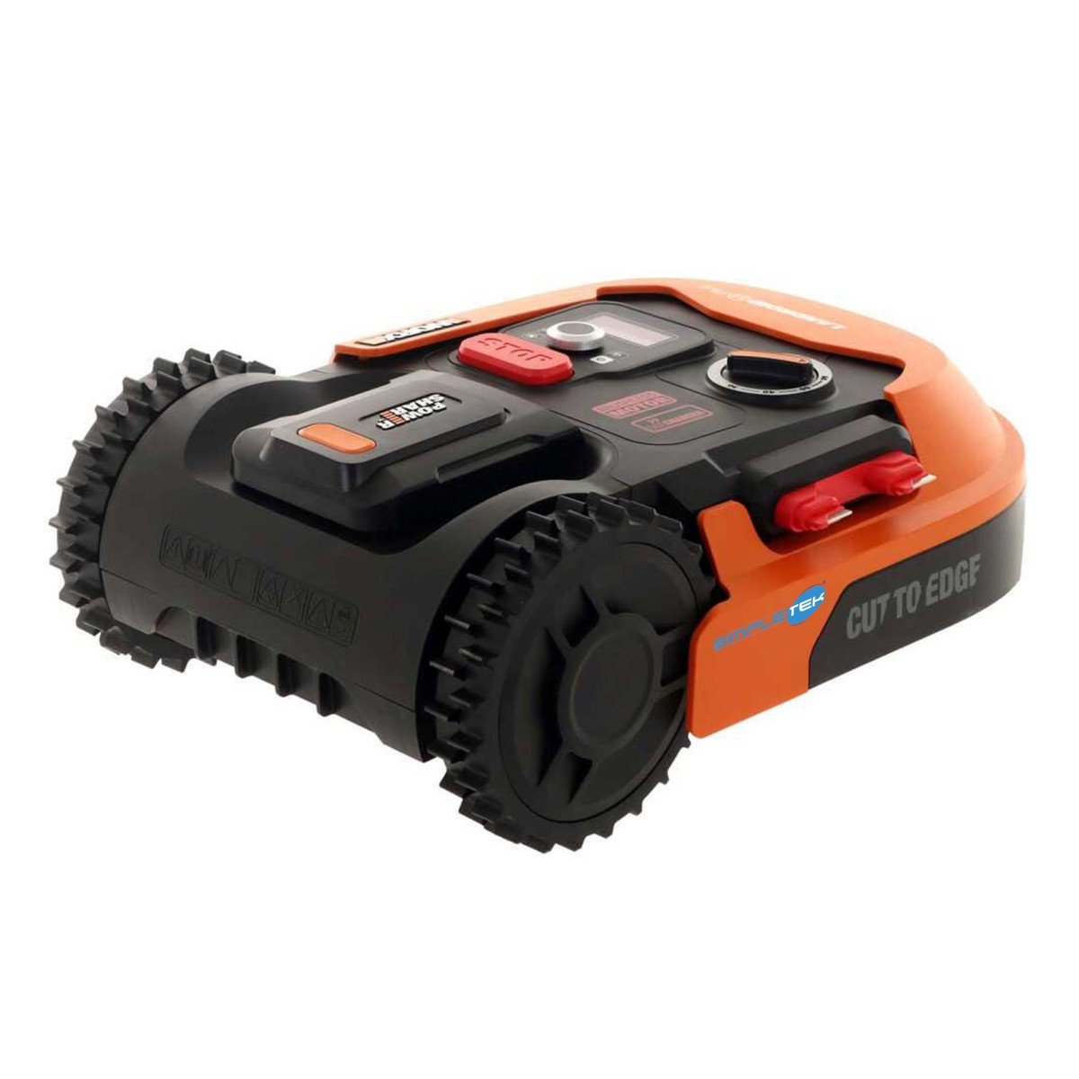 An orange and black robotic lawn mower with large wheels on a white background.