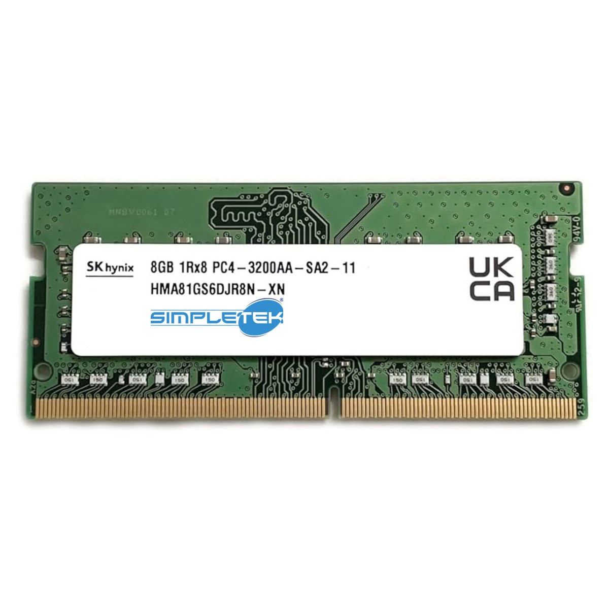 Scheda a circuito stampato verde con modulo RAM SK hynix da 8 GB, modello HMA81GS6DJR8N-XN.