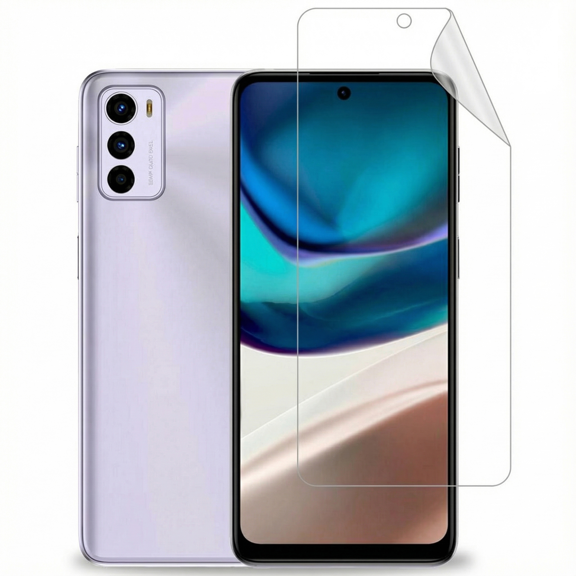 Een paarse smartphone met drie camera's en een schermprotector. Witte achtergrond.