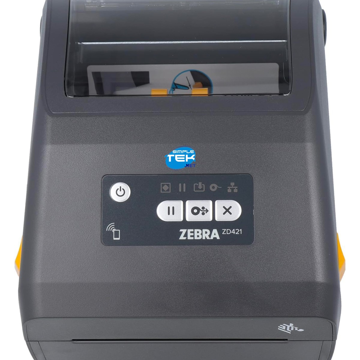 Una impresora de etiquetas Zebra ZD421 gris con botones de control y logo Simple Tek.