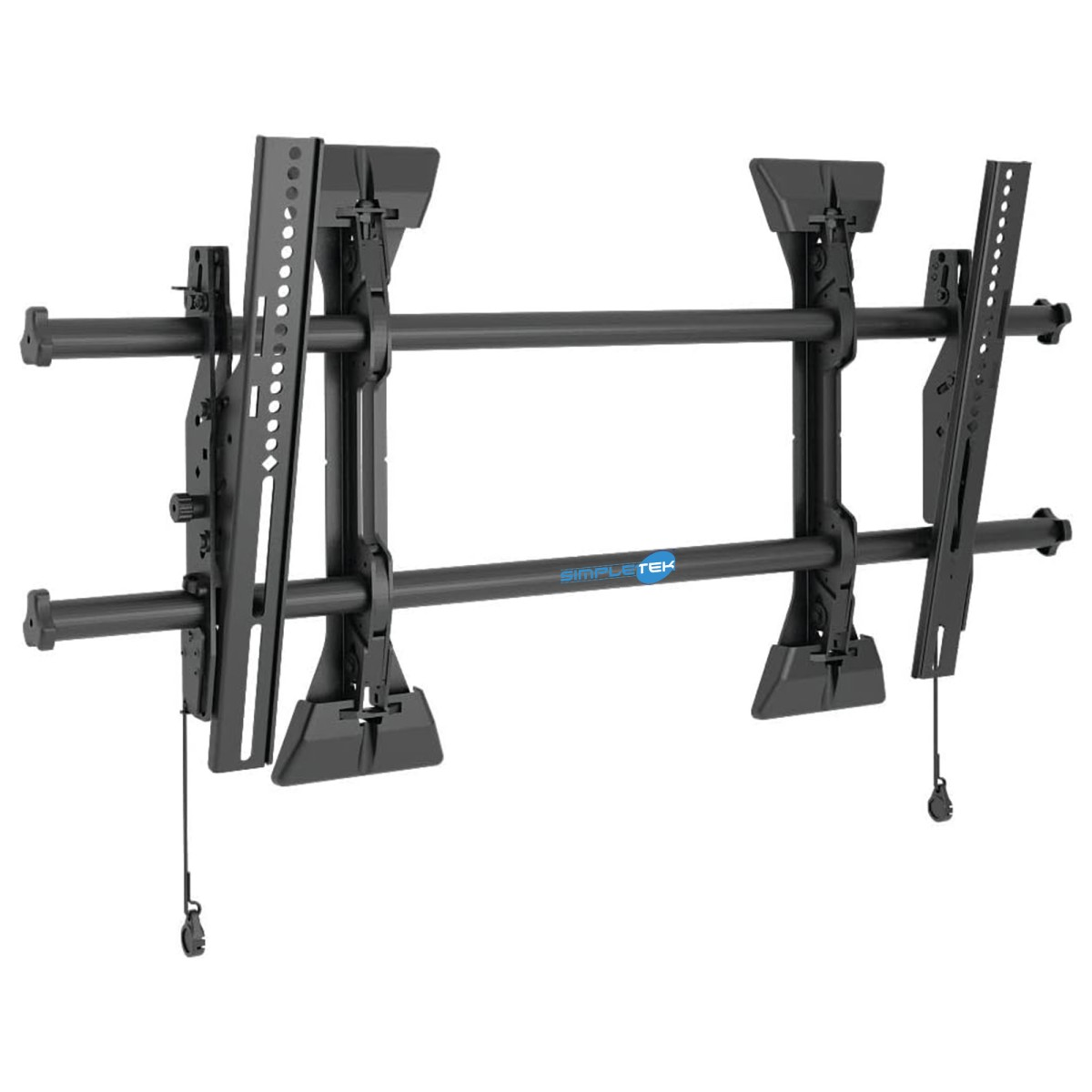 Un soporte de pared negro y ajustable para TV con barras horizontales.