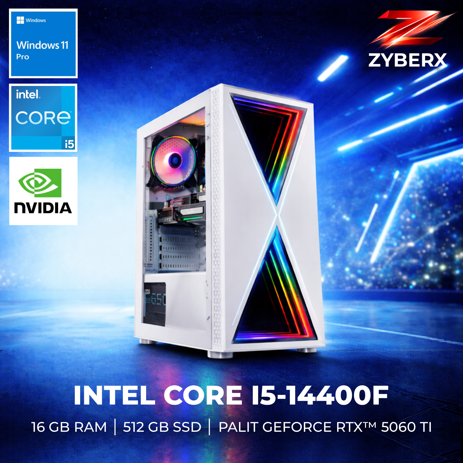 Ein weißer PC mit RGB-Lüfter und farbigen Frontpaneelen.