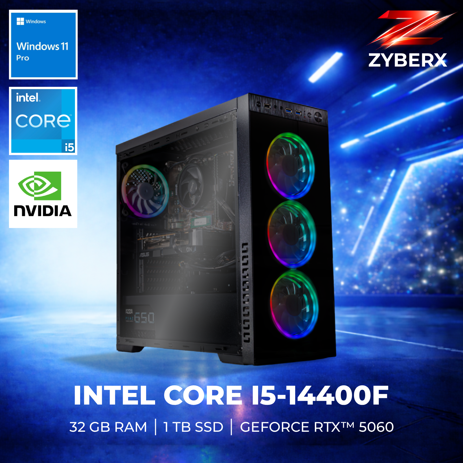Schwarzer Computerturm mit RGB-Lüftern, Windows, Intel Core i5, NVIDIA-Logos.