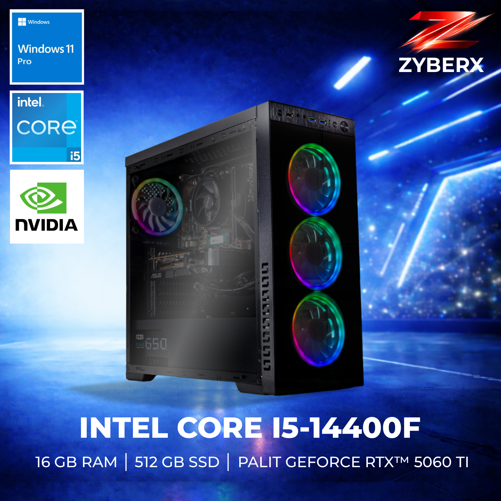 Ein schwarzer PC-Tower mit RGB-Lüftern. Logos von Intel, Nvidia, Windows 11 Pro.