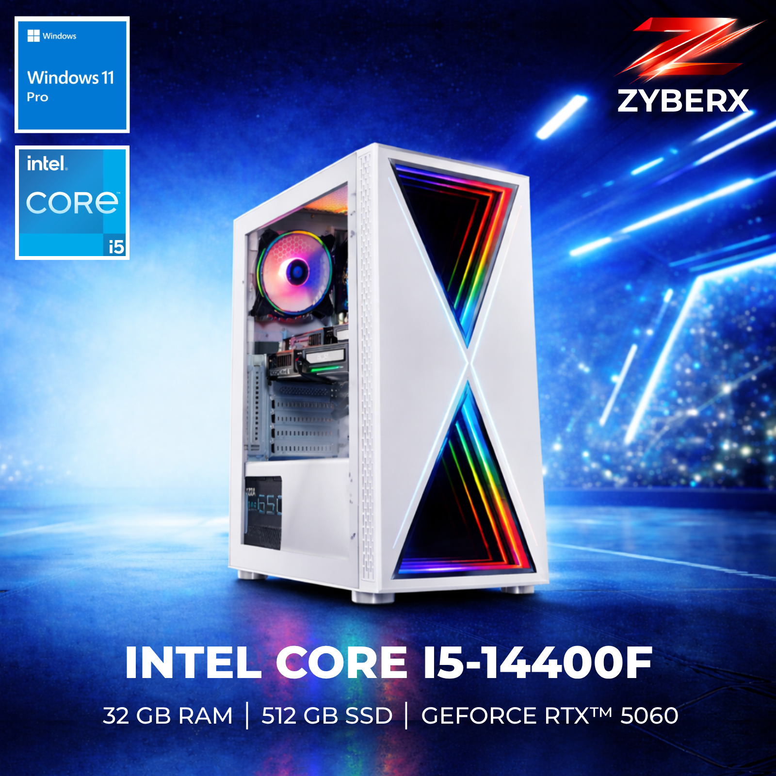Ein weißer Gaming-PC mit RGB-Beleuchtung und Intel Core i5-Logo.