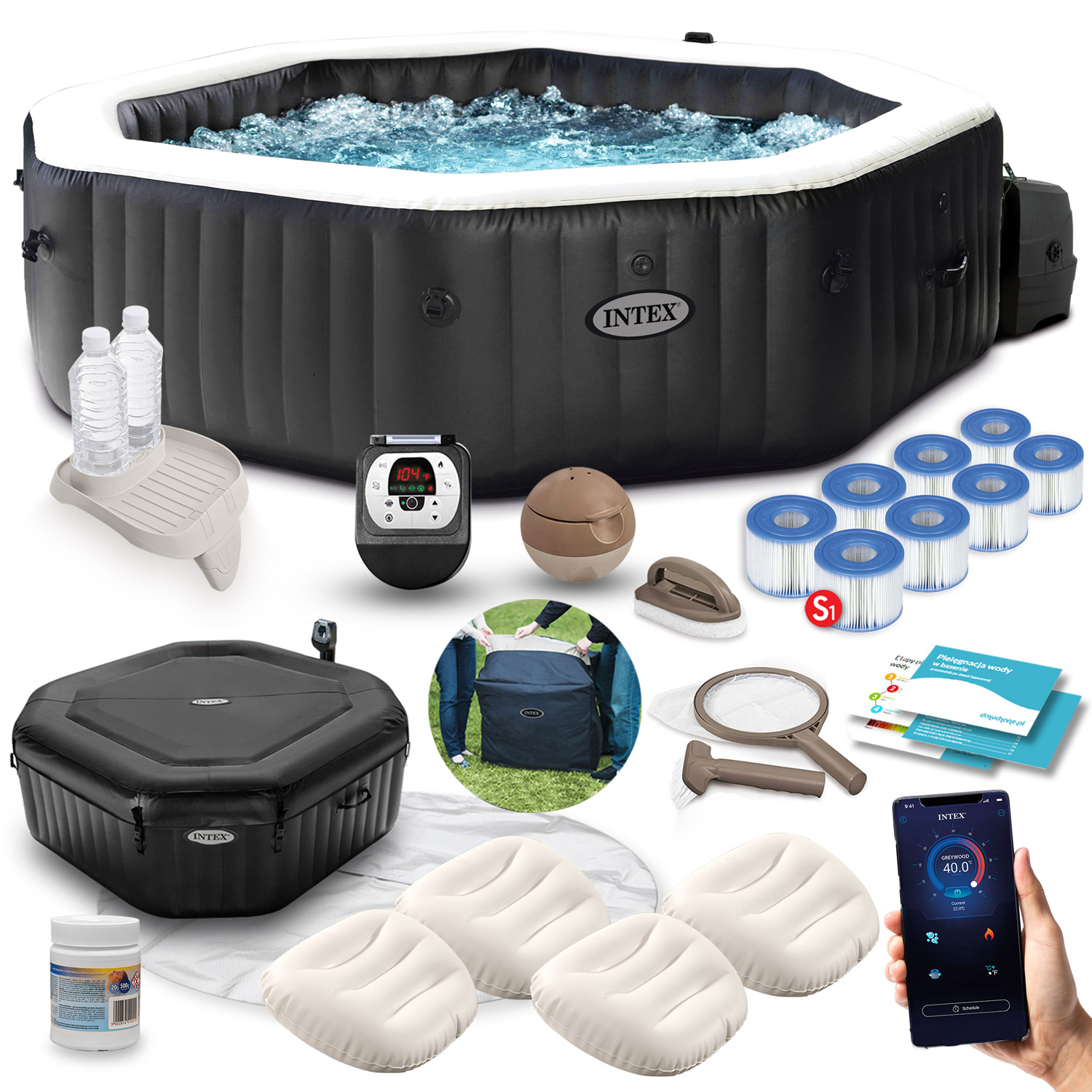 Nadmuchiwany jacuzzi z akcesoriami: filtry, poduszki, pompa, pokrywa, butelki.