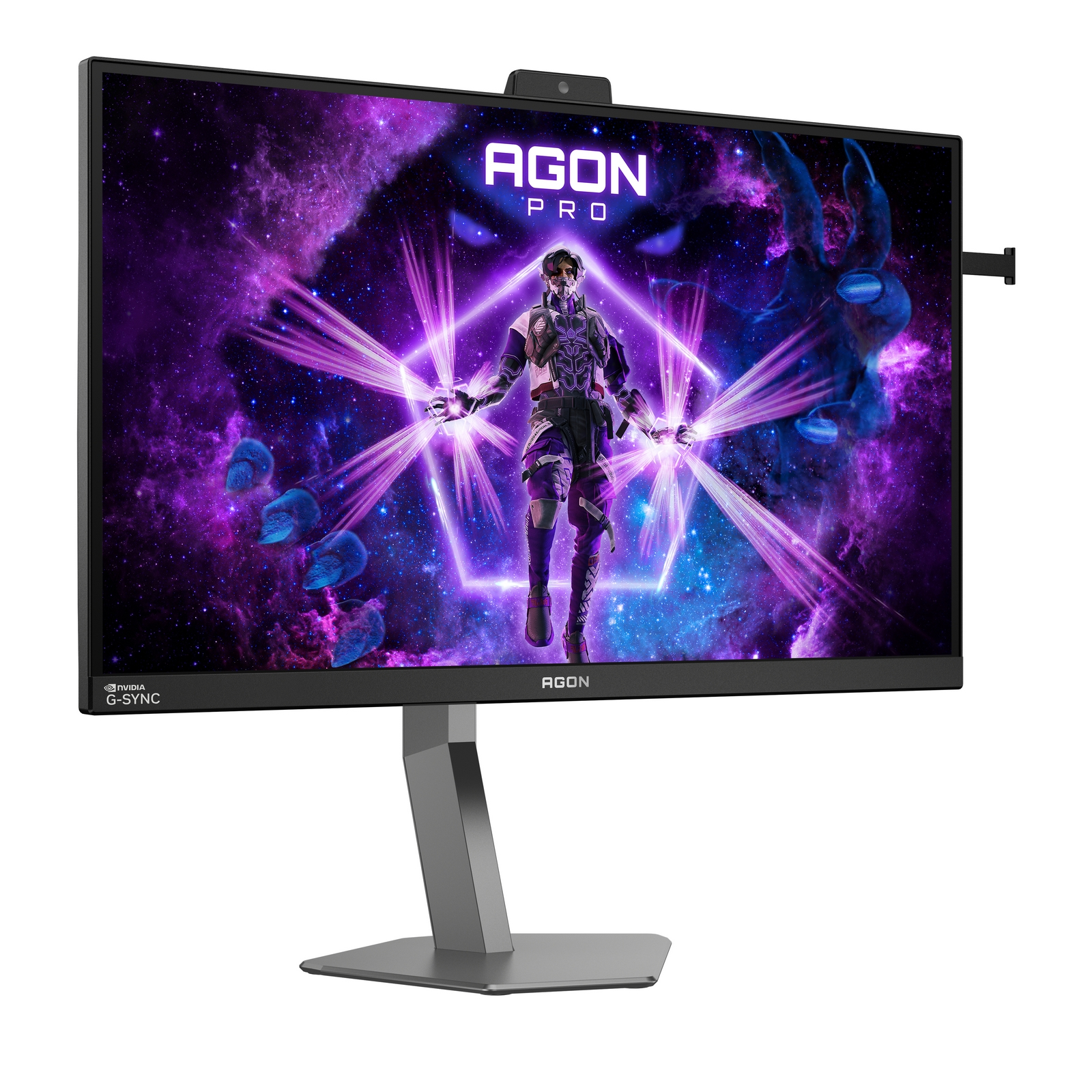 Un monitor para juegos con fondo espacial púrpura y una figura.