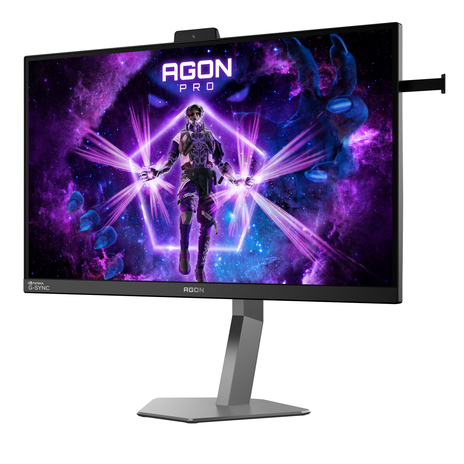 Un monitor que muestra un personaje de juego futurista con energía púrpura.